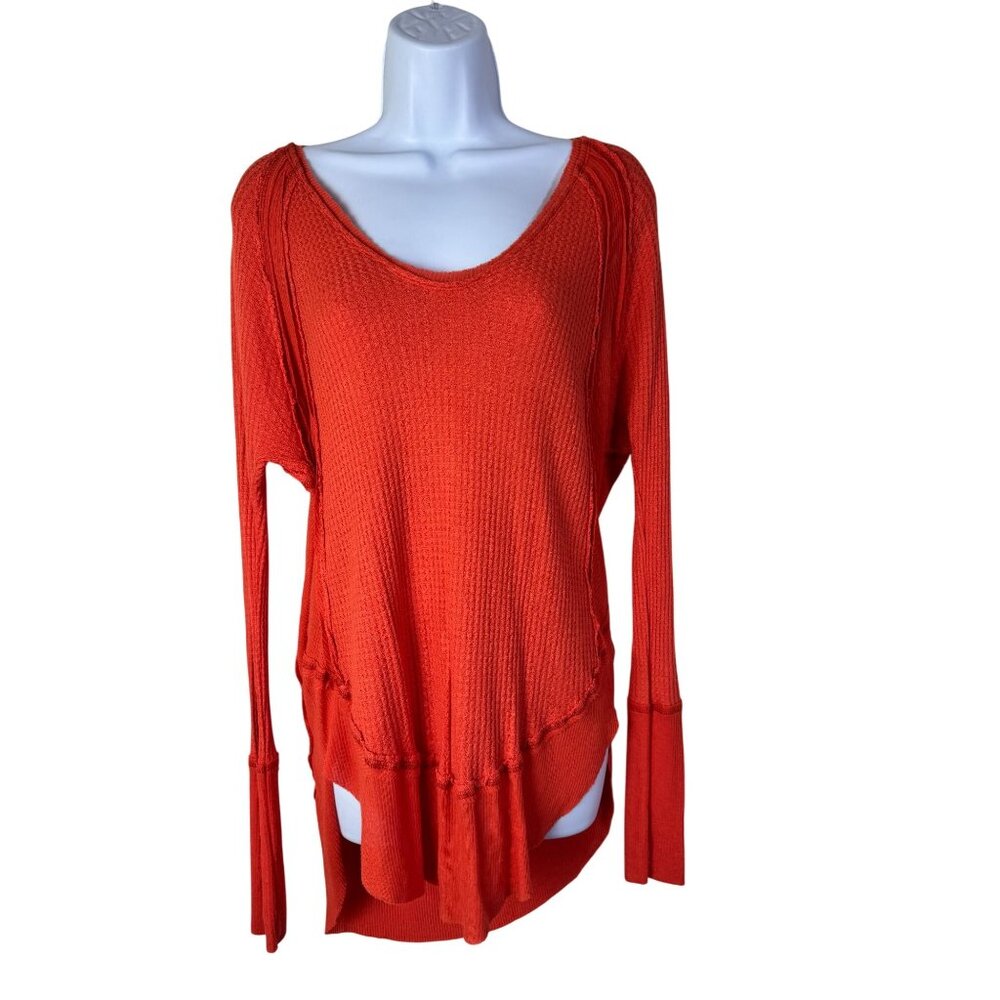 Free‎ People Orange Waffle Knit Long Sleeve Tunic Sweater Women Sz Small Thermal